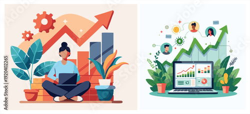 Business growth concept with woman working on laptop and data analytics on screen, flat vector illustration set.