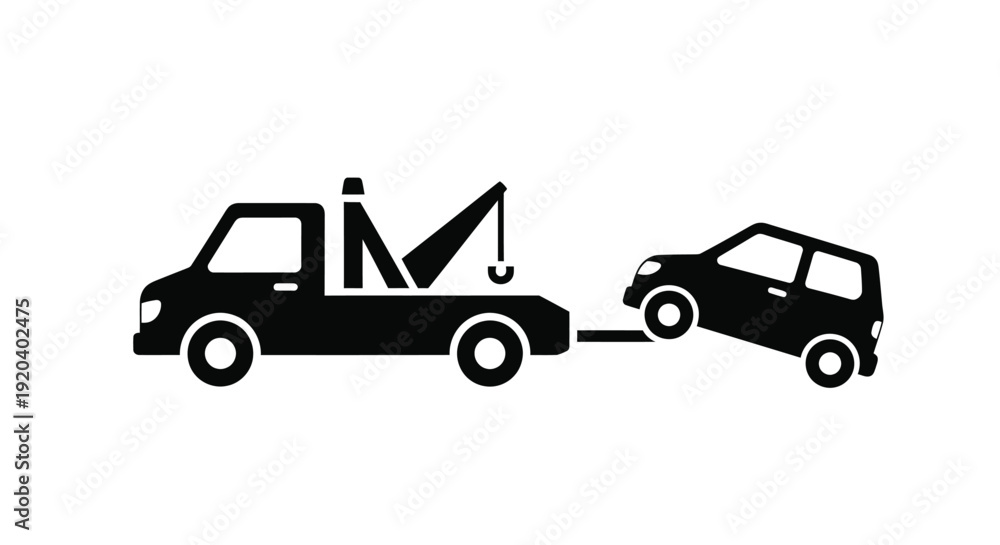 Naklejka premium A tow truck hauling a damaged car a stark visual silhouette