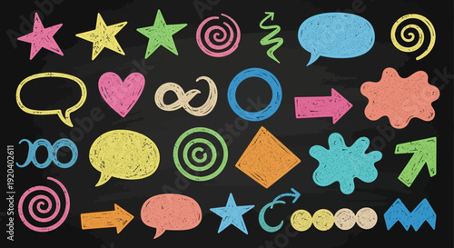 Colorful Chalk Doodle Icons: Stars, Hearts, Speech Bubbles, Arrows on Black Chalkboard