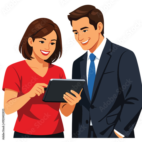 Smiling man and woman looking at tablet; teamwork; technology