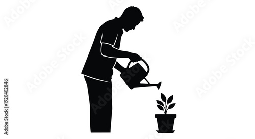 A gardener carefully watering a potted plant black silhouette