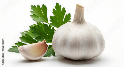 Whole and halved garlic bulb with green parsley leaves on white background for cooking and culinary use