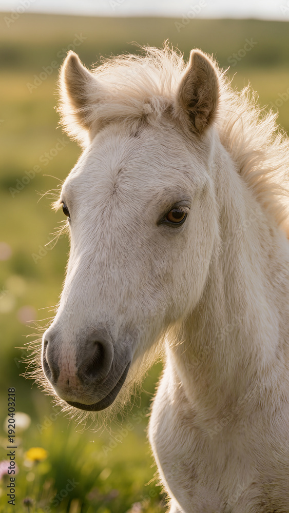 Obraz premium Portrait of white foal on green meadow in soft evening light with blurred natural background. 