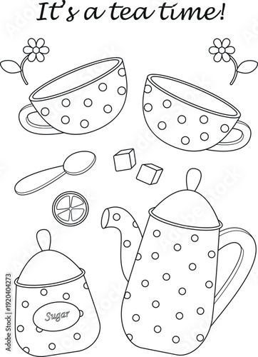 Cute Tea Time Coloring Page with Teapot, Cups, Sugar and Lemon – Black and White Outline Vector Illustration for Coloring Book
