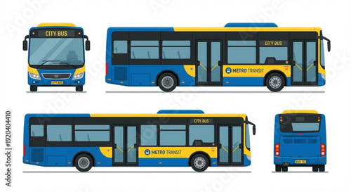 Collection of urban public transport bus illustrations from various perspectives for city travel and commuter themes