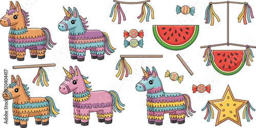 Cute Unicorn Pinata Party Collection with Watermelon, Candy and Decorative Garlands for Birthday Celebration, Kids Holiday and Festive Event Design.