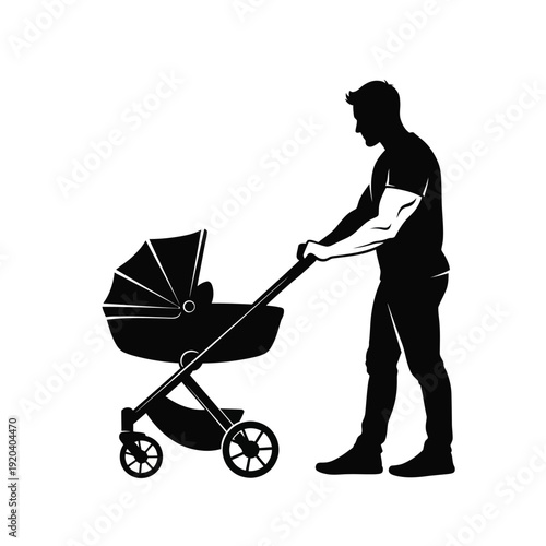 Modern Dad Pushing Baby Stroller Silhouette
