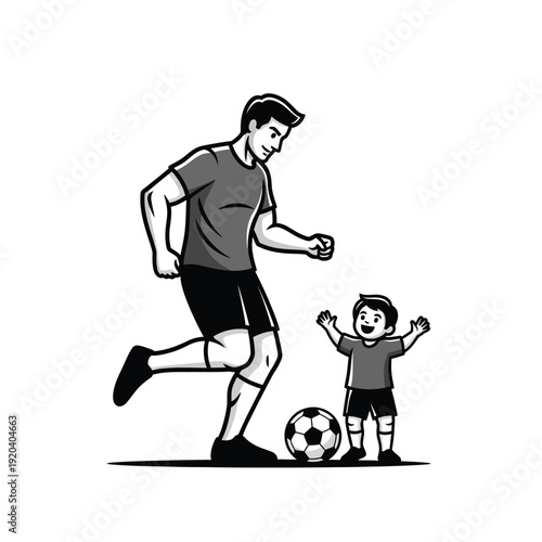 Father and son playing soccer together