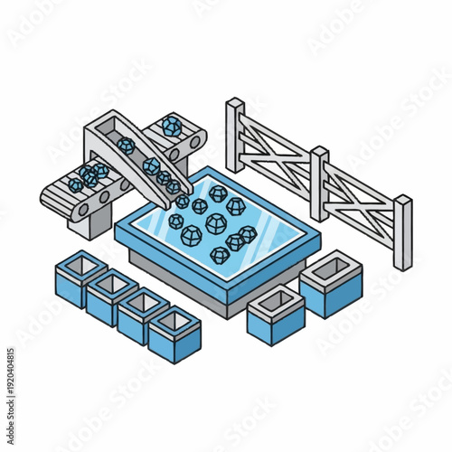 Industrial facility with conveyor belt and storage containers.