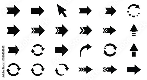 Collection of various black arrow and circular graphic elements displayed in a minimalist silhouette high quality professional detailed modern elegant stylish