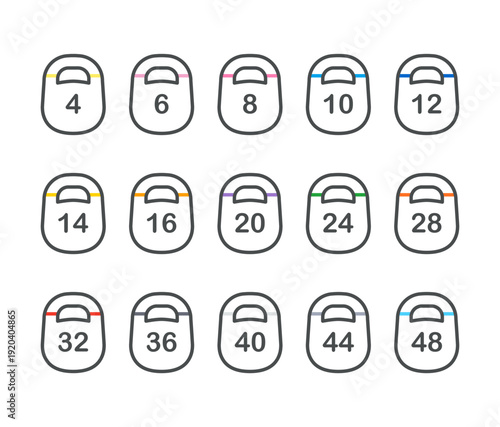 Kettlebell Weight Icons Set with Colored Bands. Outline linear vector Kettle Bells pack for gym, workout, strength training, isolated on white background
