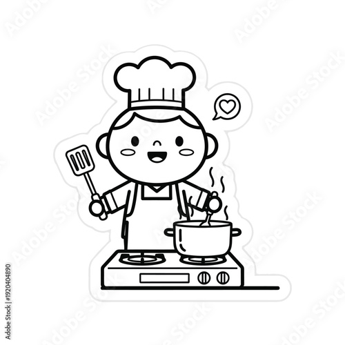 Cute Chef Cooking Food in Pot