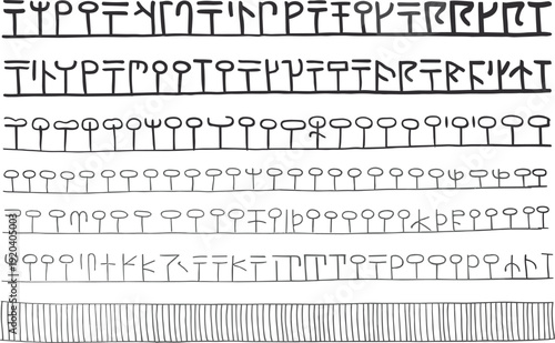 Ancient Stylized Alphabet Characters Set, Hand Drawn Tribal Glyph Font Collection, Decorative Symbolic Script Illustration in Black Line Art Isolated on White Background