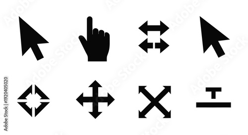 A collection of black cursor icons depicting various selection and movement actions presented as a silhouette high quality professional detailed modern