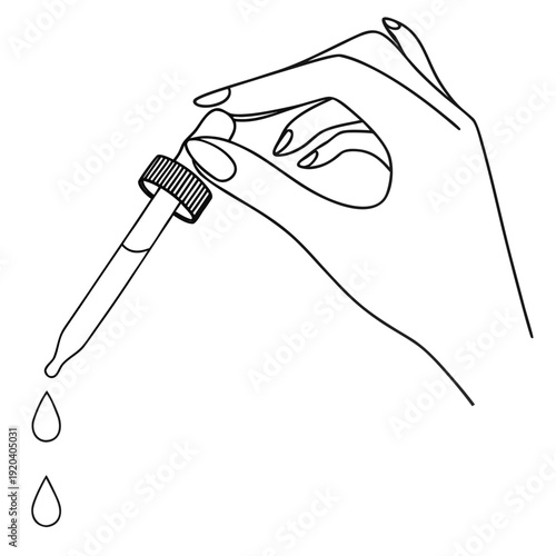 Minimalist Female Hand Holding Glass Dropper with Falling Serum Drops Line Art Vector Illustration