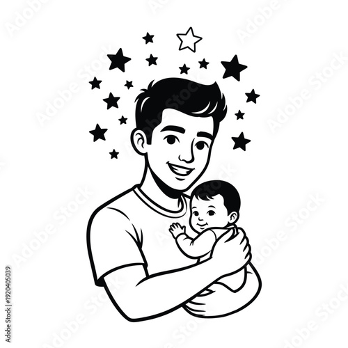 Loving father cradling baby under starry sky