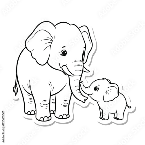 Mother and baby elephant line art
