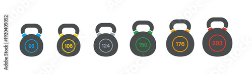 Heavy kettlebell icons set with lbs numbers. Solid glyph vector collection for gym, workout, strength training, isolated on white background
