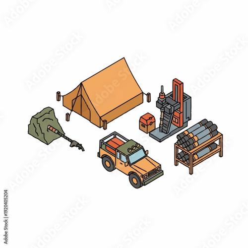 Camping equipment and 4x4 vehicle with outdoor gear.