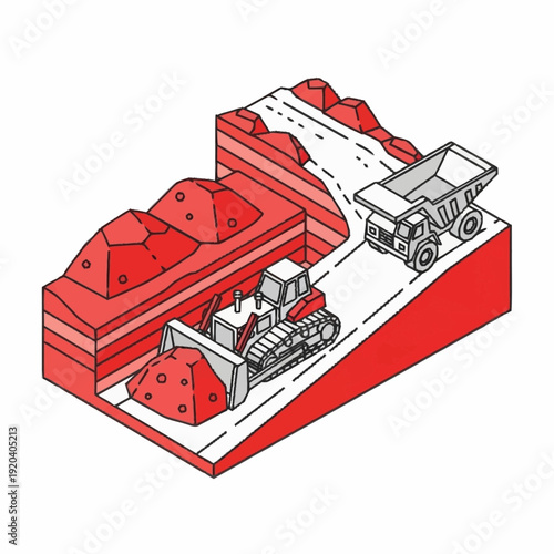 Isometric illustration of a quarry with machinery and red rocks.