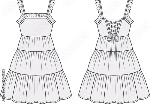 Cute Girls Tiered Ruffle Dress Illustration Set, Front and Back View Summer Sundress with Lace Up Detail, Black and White Line Art