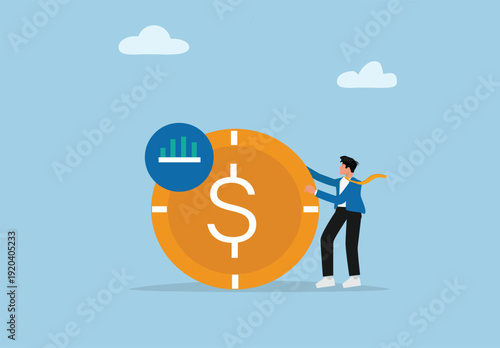 Financial Growth and Business Strategy Concept Illustration with Person Pushing Large Dollar Coin and Bar Chart Icon