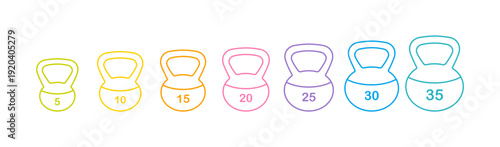 Soft kettlebell icons set in outline style with lbs numbers. Colorful linear vector pack for gym, workout, strength training, isolated on white background
