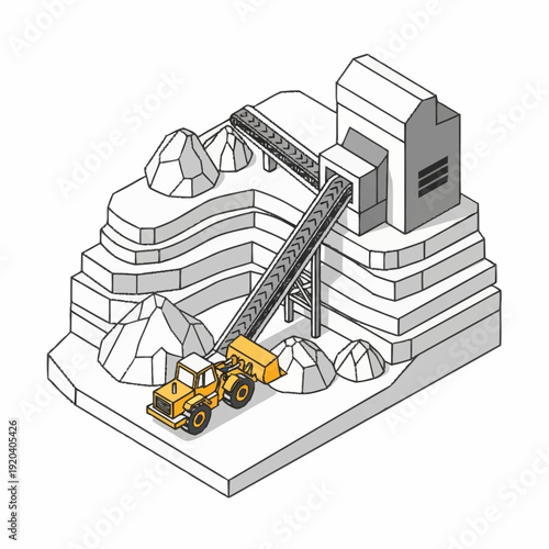 Isometric illustration of a quarry with a conveyor belt and truck.