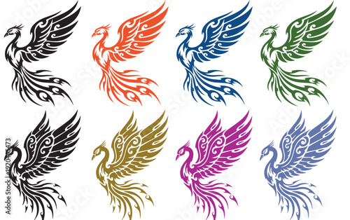 Mythical phoenix bird vector illustrations with intricate tribal patterns.