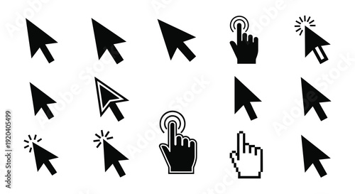A collection of black cursor icons depicting various pointing styles and hand gestures a simple silhouette high quality professional detailed modern