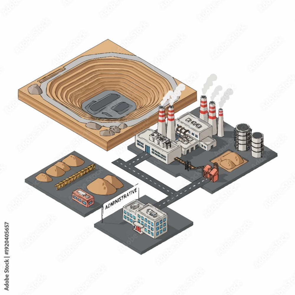 Obraz premium Isometric illustration of an industrial complex with coal mining and processing facilities.