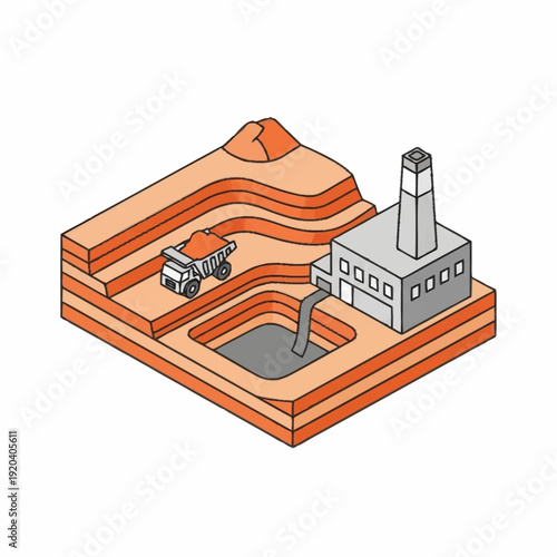 Isometric illustration of an industrial mining site with machinery and processing facility.