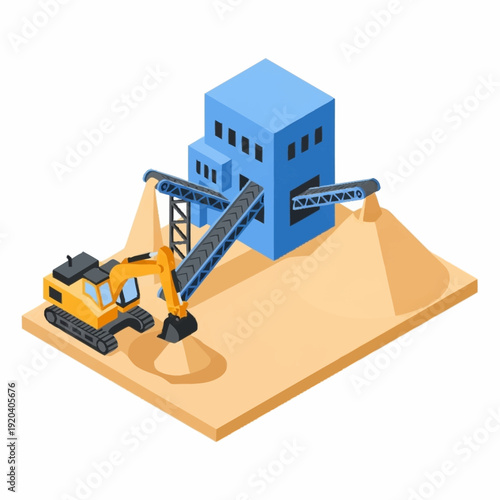 3D illustration of construction site with excavator and sand silo.