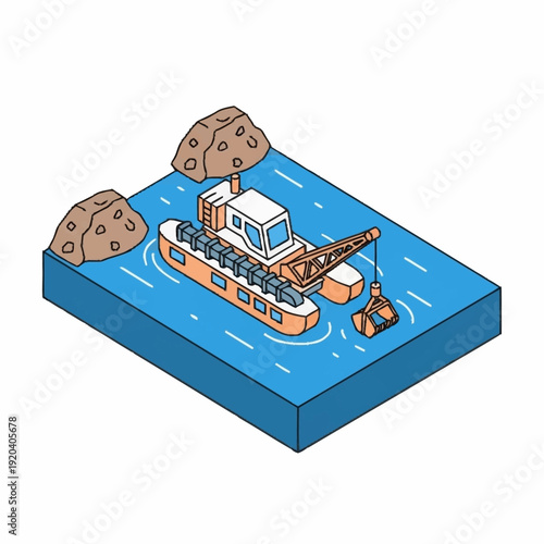 Isometric illustration of a dredging boat operating in the water with chocolate chunks.