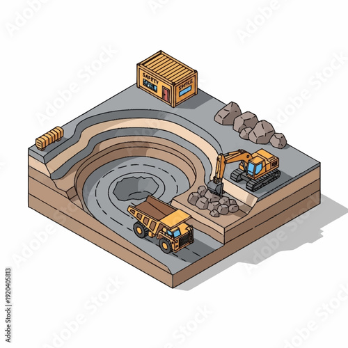 Isometric illustration of construction site with excavator and dump truck.