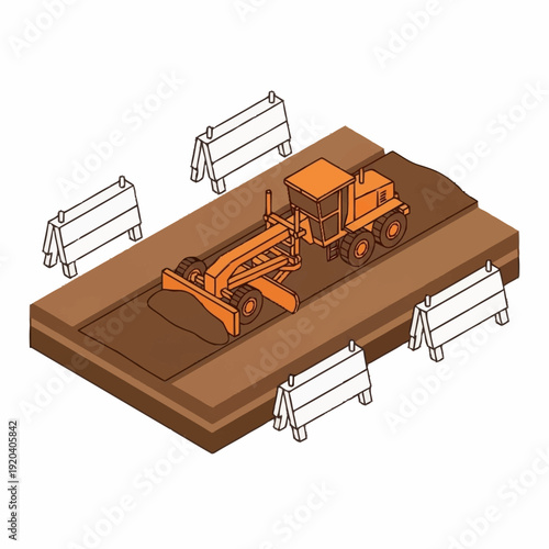 Orange bulldozer on a construction site surrounded by barriers.