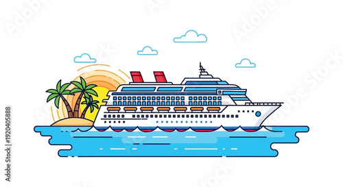 A vibrant illustration depicts a cruise ship sailing towards a tropical island under a sunny sky silhouette high quality professional detailed