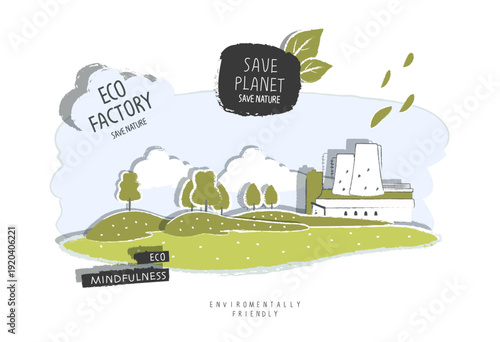 Vector hand drawn cartoon sketch of eco factory on the green hills. Environmentally friendly planet Concept. Ecology industry and alternative energy concept.