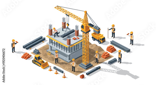 An isometric illustration depicts a construction site with workers machinery and a building under construction silhouette high quality professional detailed modern