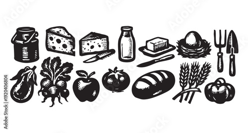 Farm fresh food and gardening tools vector illustration for healthy eating and agriculture concepts