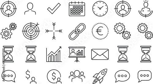 Business and Productivity Line Icons Set Featuring Target Calendar Growth Finance Communication and Strategy Vector Collection