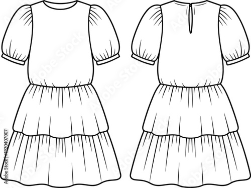 Girls Puff Sleeve Tiered Dress Illustration, Front and Back View Casual Summer Outfit, Black and White Line Art Fashion Design
