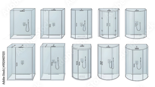 Shower Enclosure Vector Collection – Square, Rectangular, and Curved Plan View CAD Layouts