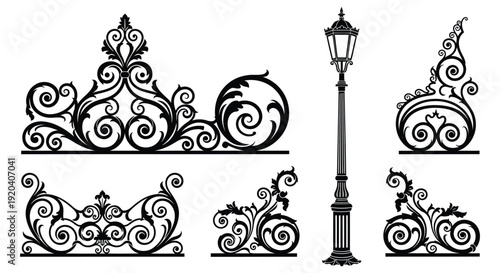 Ornate vintage design featuring a street lamp and floral swirls presented as a striking silhouette high quality professional detailed modern elegant