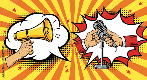 Hands holding megaphone and microphone around crumpled paper.