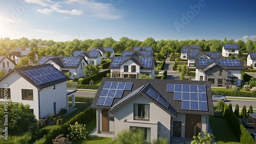 Wallpaper Mural Aerial view of residential neighborhood with solar panels on rooftops under sunny skies Torontodigital.ca