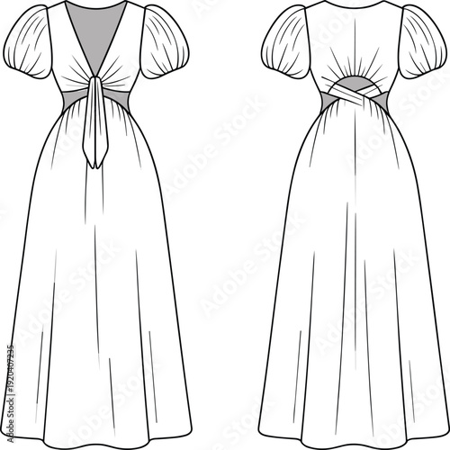 Women’s puff sleeve maxi dress technical fashion flat sketch with front tie detail and back cutout, front and back views illustration