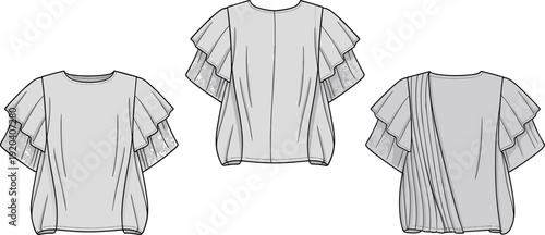 Women’s layered ruffle sleeve blouse technical fashion flat sketch with lace insert, front back views, detailed garment illustration for apparel design