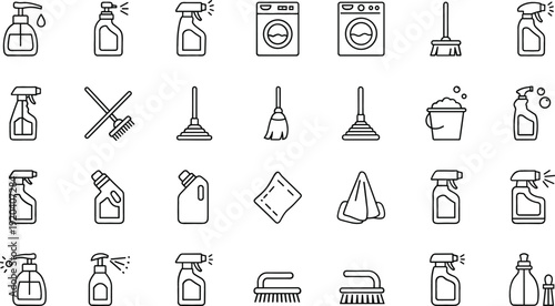 Cleaning Supplies and Housekeeping Line Icons Set Featuring Spray Bottles Mop Bucket and Laundry Equipment Vector Collection