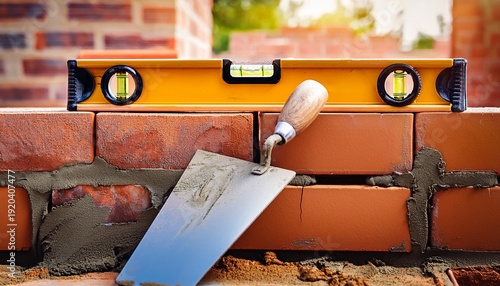 close up of a bricklayer s trowel and spirit level resting on mortar beside a partially built brick wall showing texture tools and construction detail in natural daylight on site